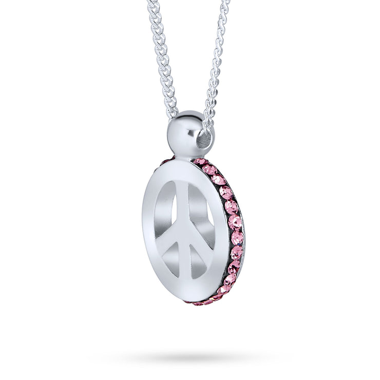 Peace Pendant Pink Crystal Edge Charm Sterling Silver Necklace 18 In