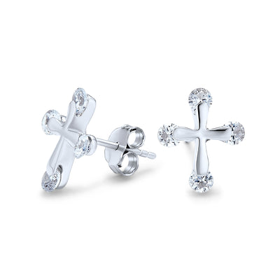 CZ Cross Cubic Zirconia Tips Stud Earrings .925 Sterling Silver