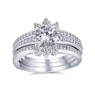 Classic 1.5CT CZ Cocktail Statement Ring with Floral Halo and Pave Band in Silver