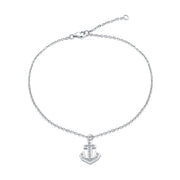 Boat Anchor Dangle Charm Anklet Cubic Zirconia .925 Sterling Silver
