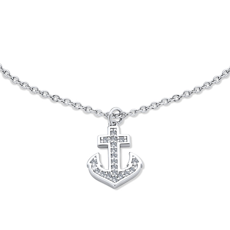 Boat Anchor Dangle Charm Anklet Cubic Zirconia .925 Sterling Silver