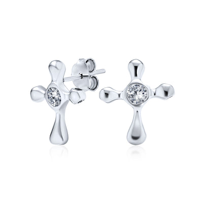 CZ Cross Religious Cubic Zirconia Stud Earrings .925 Sterling Silver