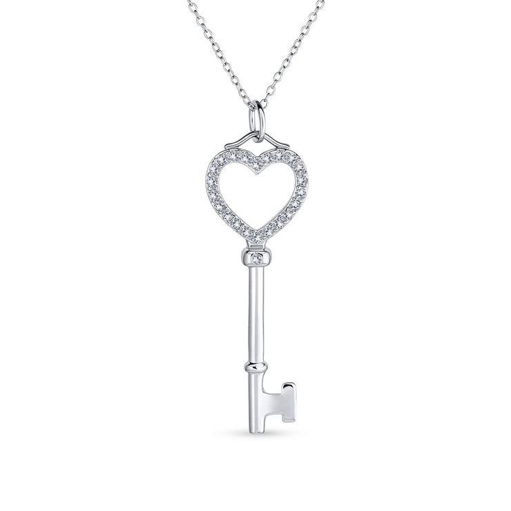 Heart Key Pendant Cubic Zirconia CZ .925 Sterling Silver Necklace