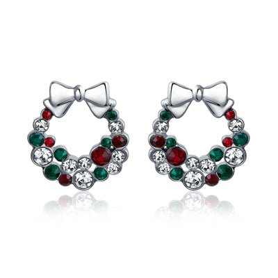 Festive Bow Red Green White Crystal Wreath Stud Earrings in Silver