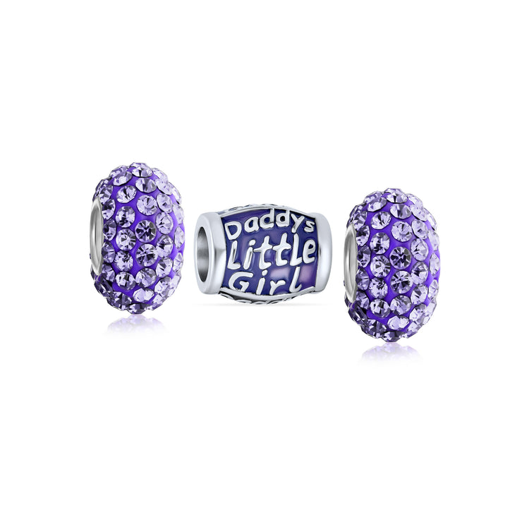 Set of 3 Daddy's Little Girl Solid Lilac Purple Crystal Spacer Charm Bead Silver