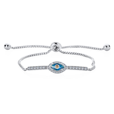 Spiritual Protection Pave CZ Halo Blue Evil Eye Charm Bolo Style Bracelet