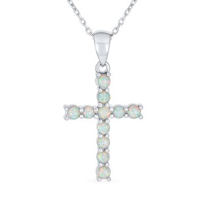 Traditional Gemstone White Created Opal Cross Pendant Necklace 925 Silver