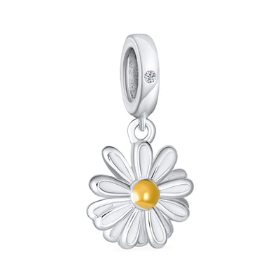 Sun Flower White Daisy Dangle Bead Charm Gold Plated .925 Silver