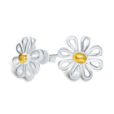 Sunflower Daisy Flower Stud Earrings Two Tone Gold Plated .925 Silver