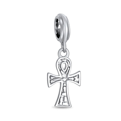 Egyptian Ankh Cross Dangle Charm Bead in Oxidized Sterling Silver for Bracelets