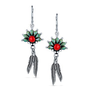 Southwest Native Style Turquoise Coral Feather Dangle Gemstone Earrings  Silver