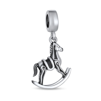 Rocking Horse New Mother Child Dangle Charm Bead .925 Sterling Silver