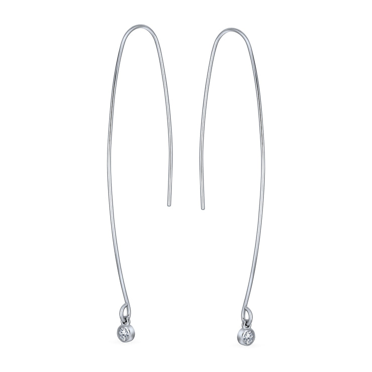 Long Curved Wire Threader Earrings Dangle Bezel Round Sterling Silver