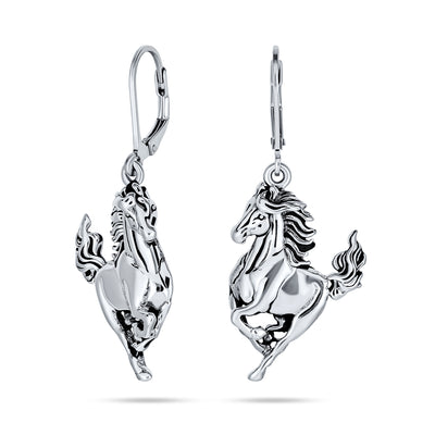 Equestrian Cowgirl Dangle Earrings with Galloping Horse - Sterling Silver Jewelry