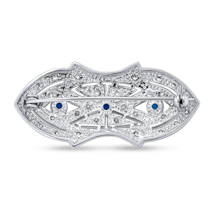 Art Deco Style Brooch Pin For Women Blue Clear CZ Imitation Sapphire