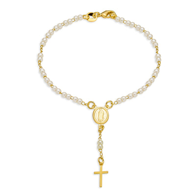 Guardian Angel Imitation Pearl Cross Rosary Gold Plated White Bracelet
