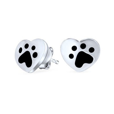 Dog Cat Puppy Kitten Pet Heart Paw Print Stud Earrings Sterling Silver