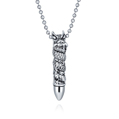 Biker Goth Viking Dragon Bullet Pendant Necklace for Men Silver Stainless Steel