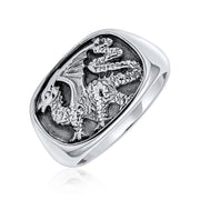 Mens Silver Ring - Large Rectangle Signet Viking Carved Dragon Shield .925 Sterling