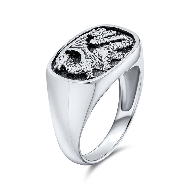 Rectangle Men's Royal Winged Dragon Signet Ring Oxidized .925 Sterling Silver