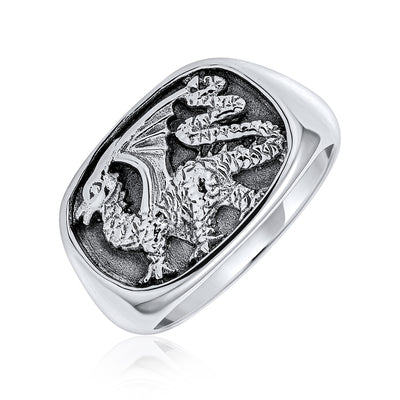 Rectangle Men's Royal Winged Dragon Signet Ring Oxidized .925 Sterling Silver