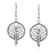 Native American Style Feather Dream Catcher Earrings Sterling Silver