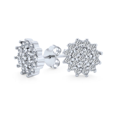 Elegant Bridal Halo CZ Stud Earrings, Christmas Snowflake Flower, Sterling Silver