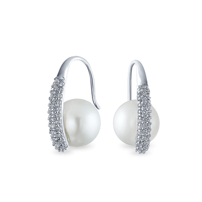 Bridal White CZ Wire Threader Imitation Pearl Earrings Silver Plated