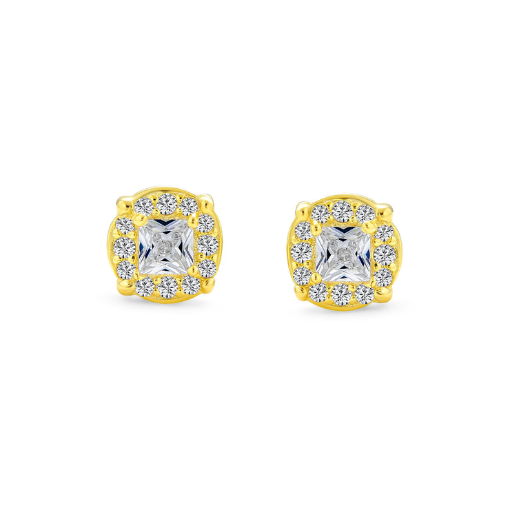 Invisible Cut Square CZ Stud Earrings Gold Plated Sterling Silver