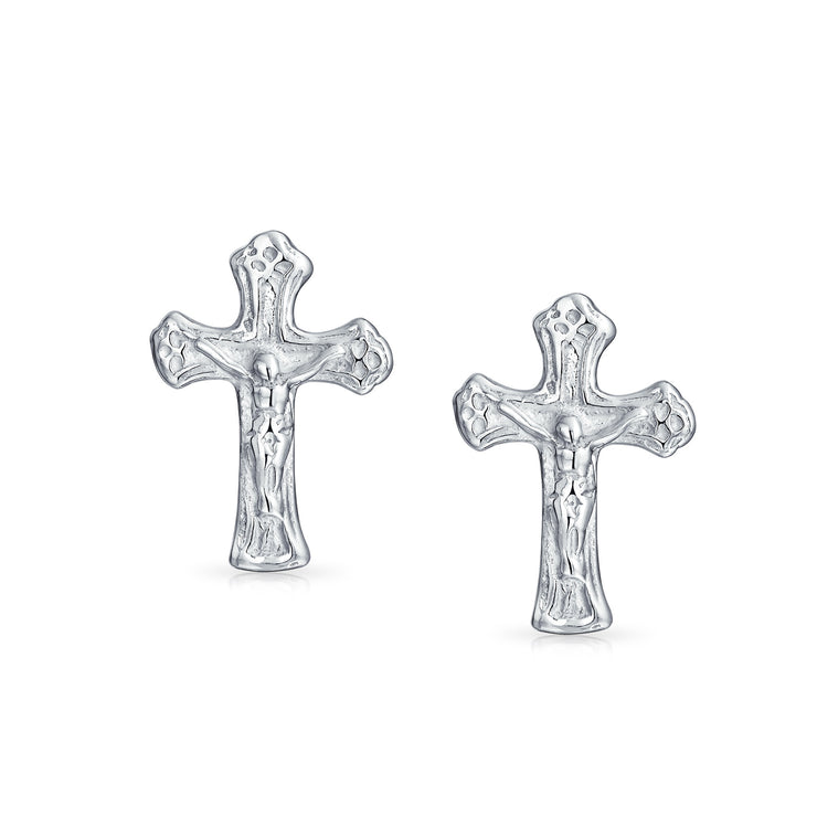 Catholic Crucifix Cross Stud Earrings for Men - Sterling Silver Communion Gift