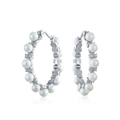 Bridal Statement CZ Hoop Earrings with White Simulated Pearl Silver Plated 1.25" Diameter