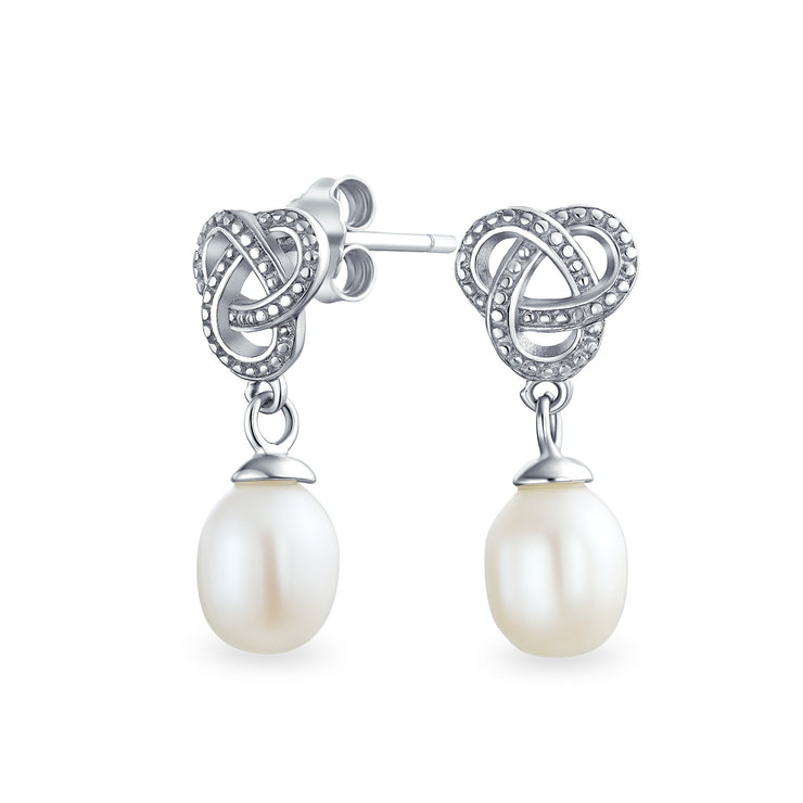 Bridal Love Knot Pearl Teardrop Dangle Earrings for Prom in Sterling Silver