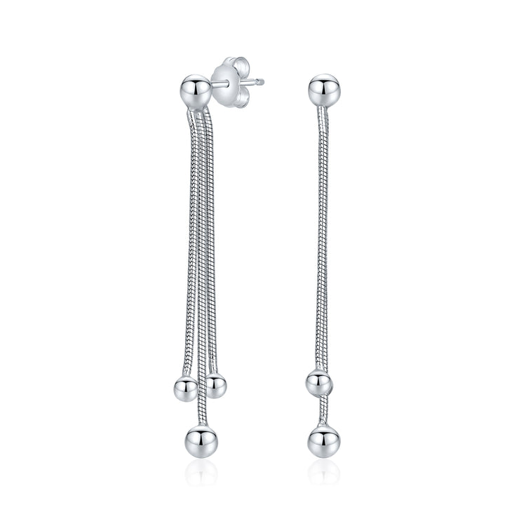 Geometric Tassel Fringe Chain Ball Dangle Earrings Sterling Silver