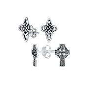 Set of 2 Religious Celtic Cross Stud Earrings Irish Love Knot Oxidized Silver