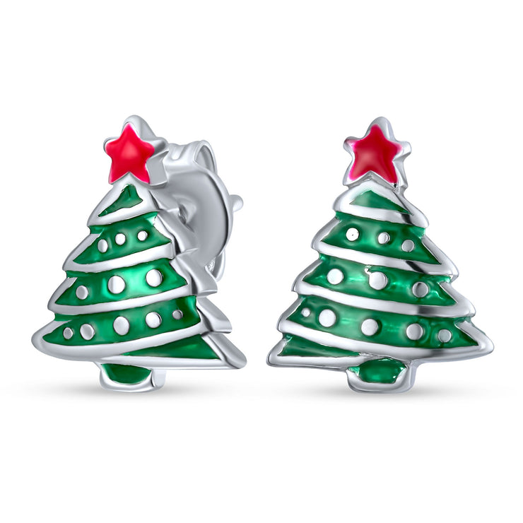 Winter Red Green Christmas Tree Stud Earrings .925 Sterling Silver