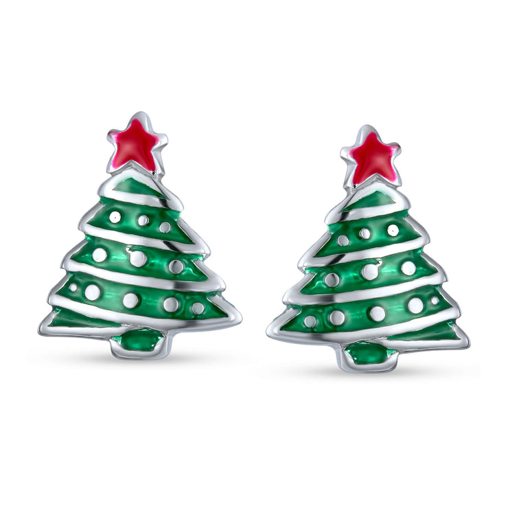 Winter Red Green Christmas Tree Stud Earrings .925 Sterling Silver