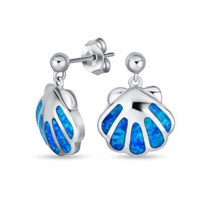 Created Blue Opal Dangle Gemstone Earrings Nautical Beach Clam Sterling Silver