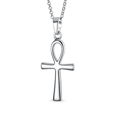 Large Simple Ankh Egyptian Cross Pendant .925 Sterling Silver Necklace