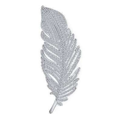 Classic Vintage Style Micro Pave CZ Fan Feather Leaf Brooche Pin & Pendant Rhodium Plated