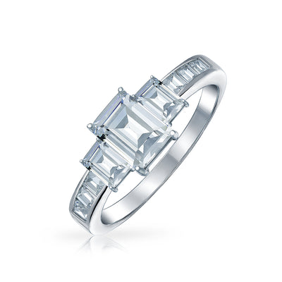 Art Deco 2CT Emerald Cut Engagement Ring with Baguette Side Stones in Silver