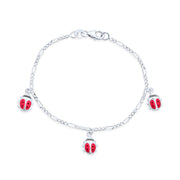 Pink Ladybug Dangling Charm Bracelet Women .925 Sterling Silver 6 Inch