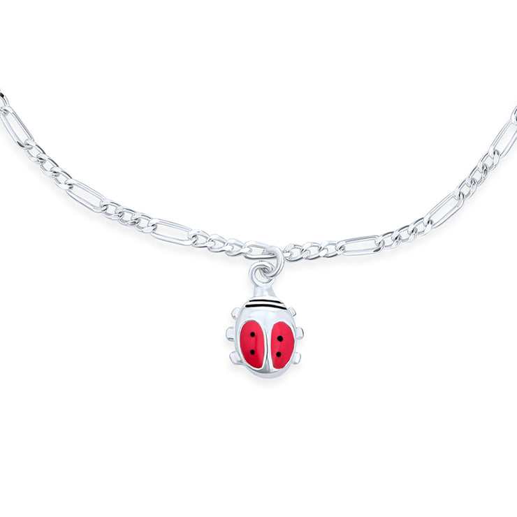 Pink Ladybug Dangling Charm Bracelet Women .925 Sterling Silver 6 Inch