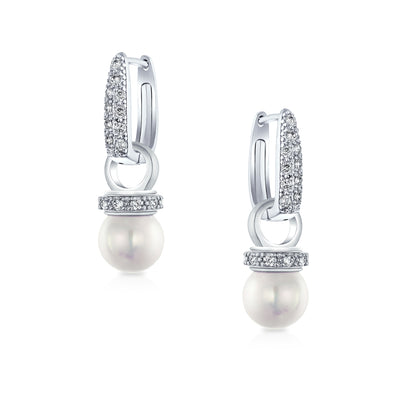 Bridal Imitation White Pearl Drop CZ Hoop Earring Silver Plated