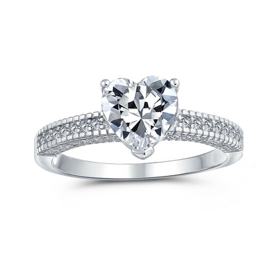 Classic 2CT Heart Shaped Engagement Ring with CZ Pave Band in Sterling Silver