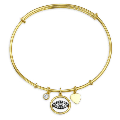 Evil Eye Heart Charm Bangle Bracelet CZ Gold Plated Sterling Silver