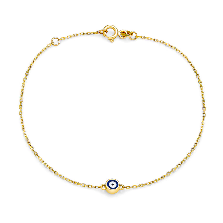 Delicate Yellow Real 14K Gold Blue Evil Eye Charm Bracelet 6.5-7"