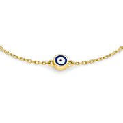 Delicate Yellow Real 14K Gold Blue Evil Eye Charm Bracelet 6.5-7"