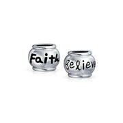 Set of 2 Word Faith & Believe Message Charm Bead Sterling Silver for Bracelet