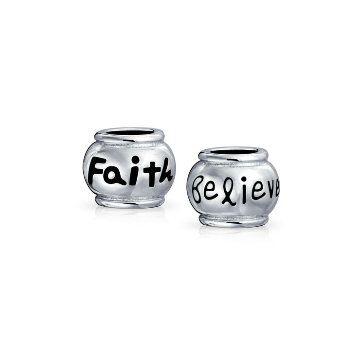 Set of 2 Word Faith & Believe Message Charm Bead Sterling Silver for Bracelet