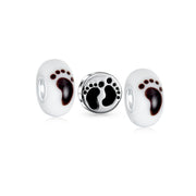 Set of 3 Black White Sand Tiny Feet Footprints Charm Bead Murano Glass Silver